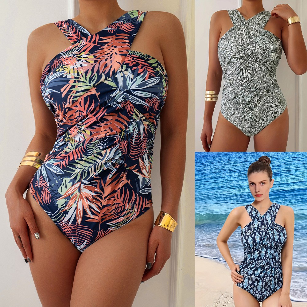 Swimsuit Bikini Ruched - ชุดว่ายน้ำผู้หญิงไซส์ใหญ่ ชุดว่ายน้ำแบบเรียบร้อย ชุดว่ายน้ำแบบไขว้ด้านหน้า ชุดว่ายน้ำแบบผูกคอ ชุดว่ายน้ำเอวจับจีบ สีน้ำเงินกรมท่า