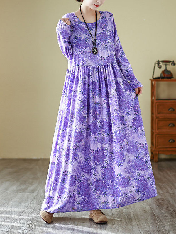 Linen Dress Wrap - เดรสยาวคอกลมสไตล์ใหม่สำหรับฤดูใบไม้ผลิ ลายดอกไม้สีม่วง เหมาะสำหรับวันหยุดพักผ่อน ทำจากผ้าฝ้ายและผ้าลินิน ช่วยปกปิดสัดส่วนของผู้หญิง
