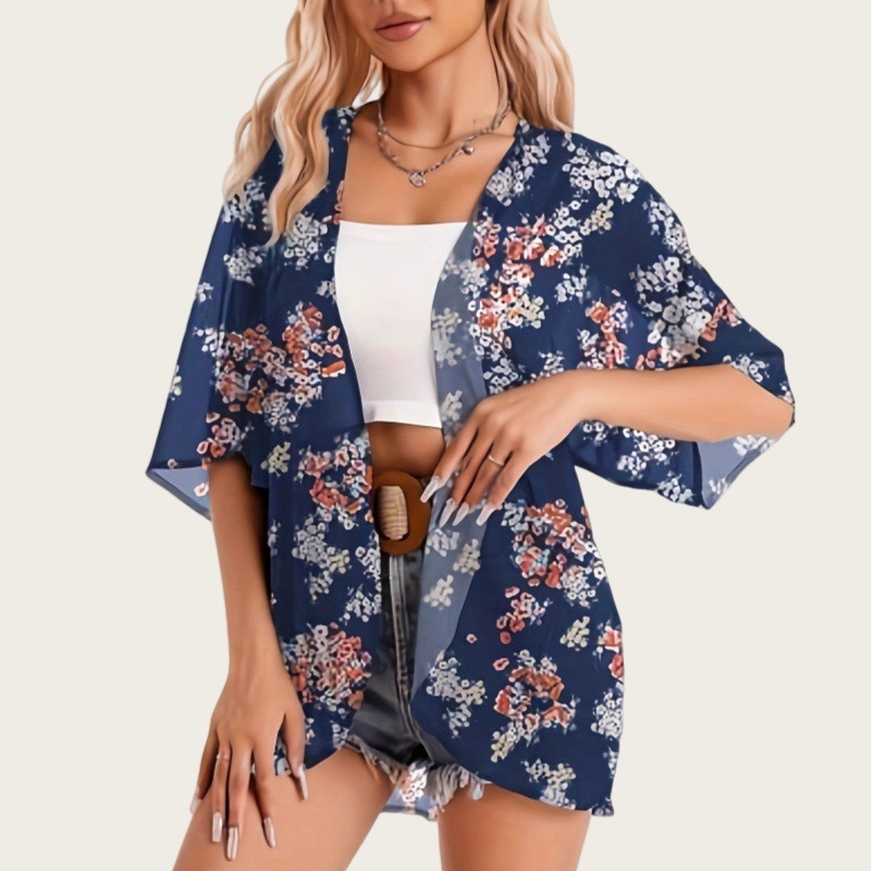 Kimono Sheer Floral - ชุดว่ายน้ำผู้หญิง 2025 คาร์ดิแกนกิโมโน ผ้าบางพิมพ์ลายดอกไม้ ชุดคลุมชายหาดยาวทรงหลวมสำหรับผู้หญิง เสื้อคลุมบอโฮเซ็กซี่สำหรับฤดูร้อน