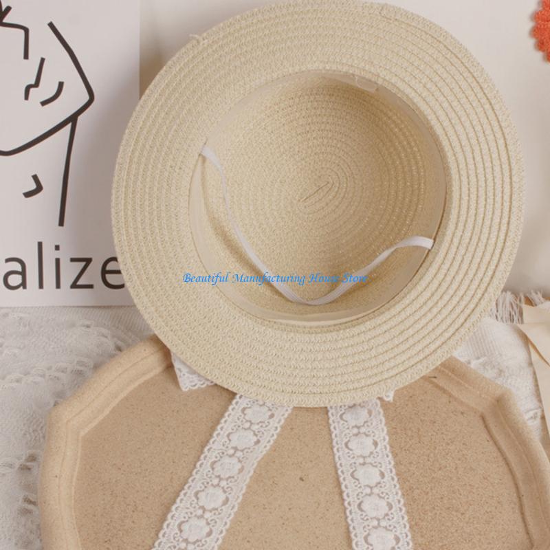 Hat Floppy Wide - E56A เด็กวัยหัดเดินเด็กทารกฤดูร้อนทอฟางสำหรับ Sun หมวกลูกไม้ริบบิ้นโบว์ฟลอปปี้กว้าง Brim ครีมกันแดดหมวกชายหาด
