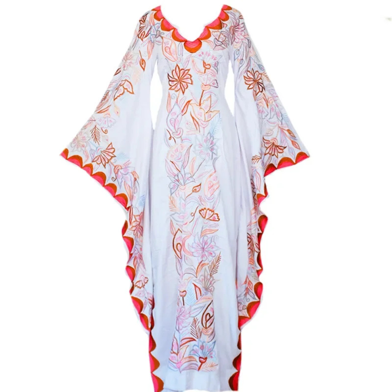 Romper Floral Print - ชุดคอสเพลย์สไตล์ยุคกลาง ชุดเดรสยาวลายดอกไม้ แขนบาน สไตล์โบฮีเมียน สำหรับผู้หญิง คอวี