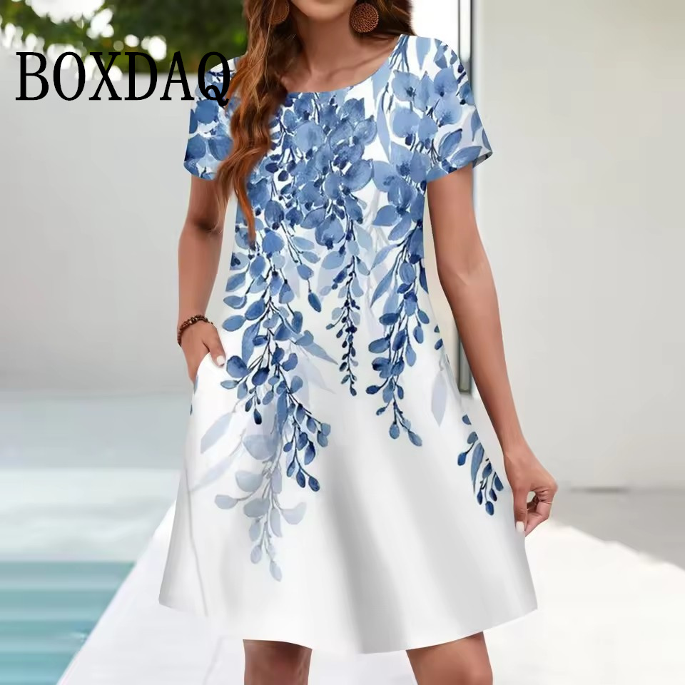 Romper Floral Print - สตรี Casual Sundress กระเป๋าหลวมฤดูร้อน Boho Beach