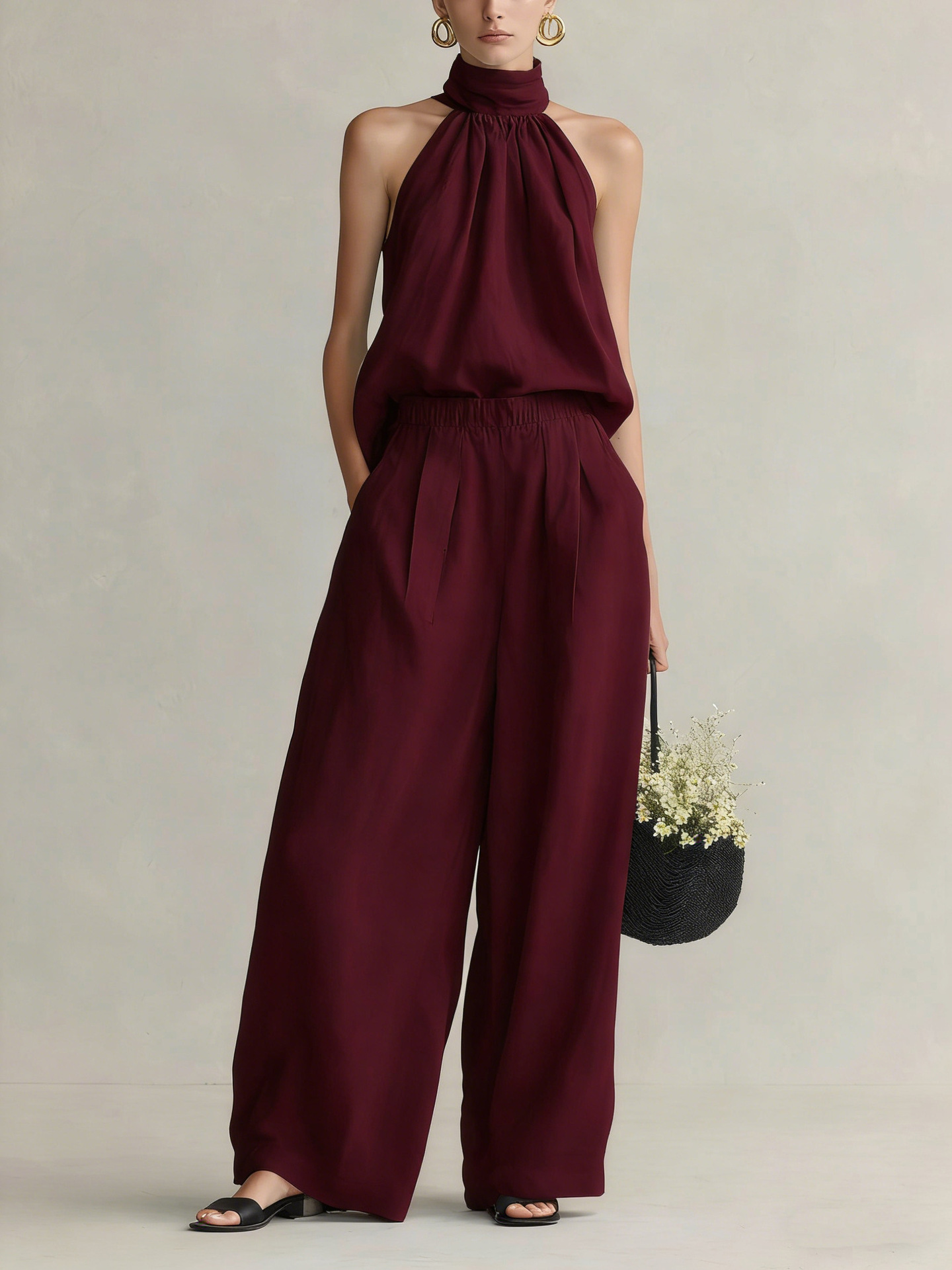 Linen Pant Wide - ชุดลำลองสำหรับผู้หญิง ฤดูร้อนปี 2026 สไตล์ใหม่ เสื้อแขนกุดแบบคล้องคอ +