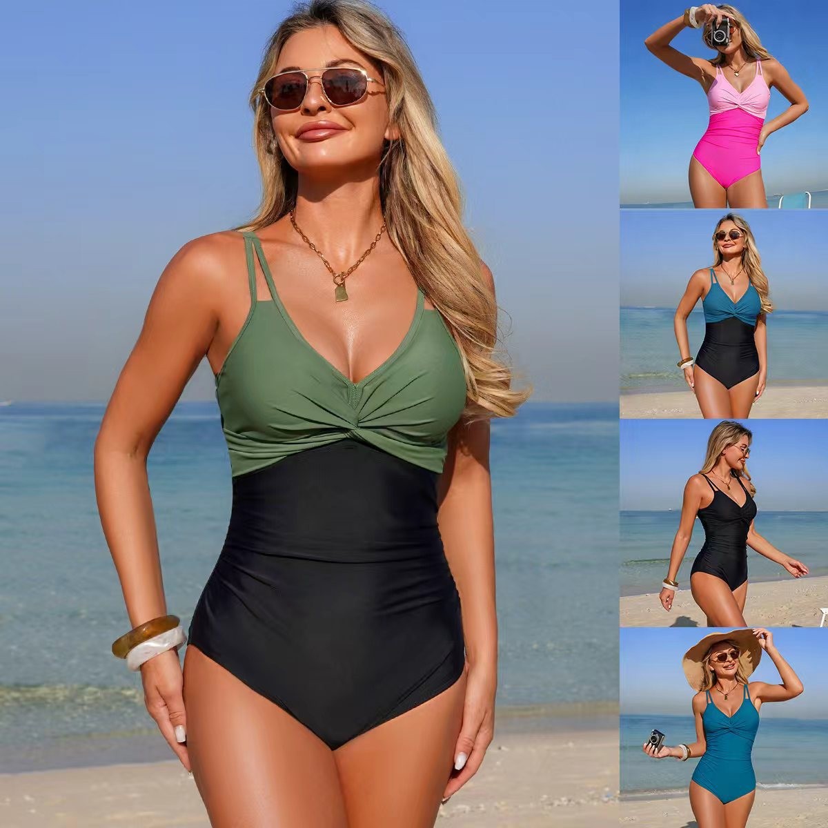 Swimsuit Bikini Ruched - ชุดว่ายน้ำวันพีซคอวี ด้านหน้าแบบผูก ไร้แขน สีพื้น สายรัดบาง เอวสูง