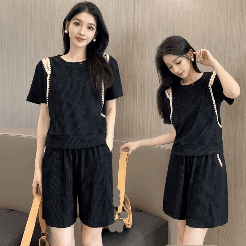 Blouse Off Shoulder - เกาหลีแฟชั่นปิดไหล่เสื้อยืด 2 ชิ้นชุดผู้หญิงAll-Matchหลวมสบายๆกางเกงขาสั้นชุดStreetwear Contrast Patchworkชุด