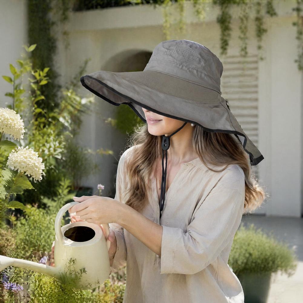 Hat Floppy Wide - หมวกกันแดดปีกกว้างสำหรับผู้หญิง พร้อมแผ่นปิดคอ หมวกปีกกว้างแบบยืดหยุ่น ระบายอากาศได้ดี ป้องกันรังสียูวี เหมาะสำหรับการเดินป่าและทำสวน