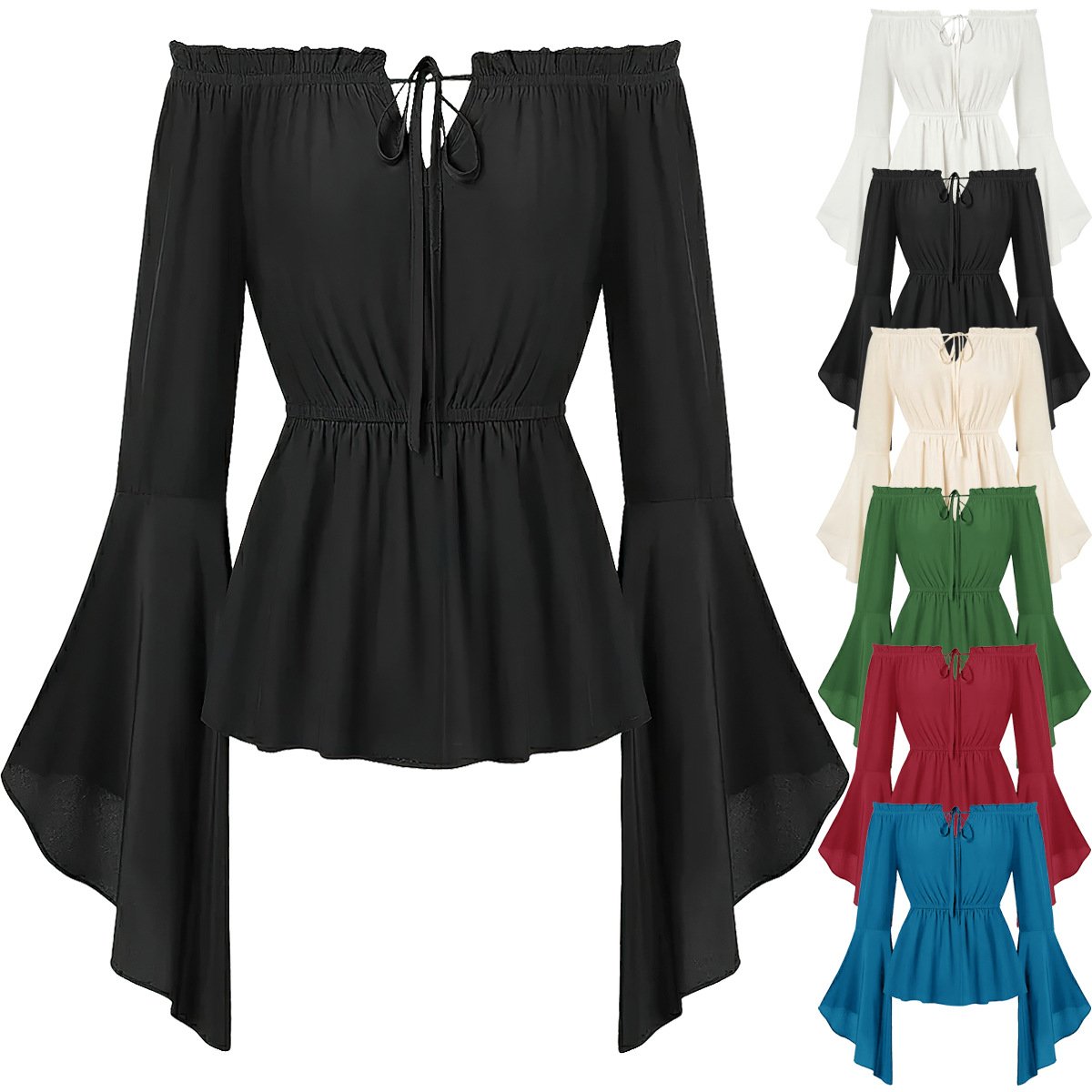 Blouse Off Shoulder - เสื้อคลุมสไตล์ยุคกลางแบบเปิดไหล่สำหรับผู้หญิง แขนบาน แต่งสม็อคที่เอว