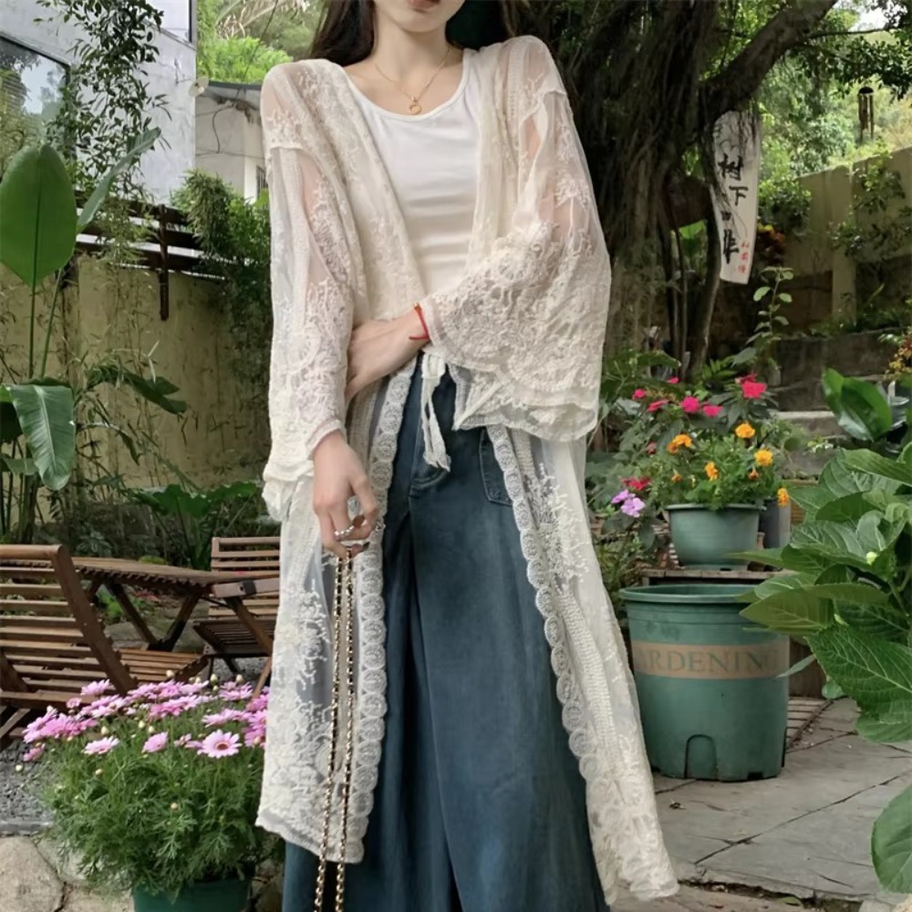 Kimono Sheer Floral - เสื้อคลุมชายหาดแขนยาวแบบโปร่งบาง ทรงหลวม ปักลายลูกไม้ พร้อมเชือกผูก
