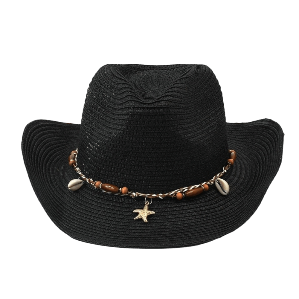 Hat Floppy Wide - หมวกคาวบอยทรงตะวันตก ทำจากเส้นใยอะคริลิก ตกแต่งเปลือกหอย ป้องกันรังสียูวี ป้องกันแสงแดด ปีกกว้าง