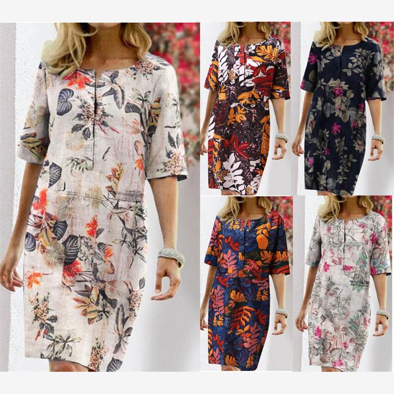 Linen Dress Wrap - ชุดเดรสผ้าฝ้ายลินินพิมพ์ลายสำหรับผู้หญิง สไตล์ลำลอง กระโปรงทรงหลวม เอวหลวม แขนสั้น คอวี