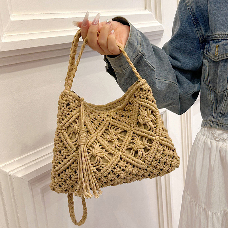 Crochet Bag Raffia - กระเป๋าสานของผู้หญิงกระเป๋าสะพายข้างทรงกระเป๋าสะพายไหล่ผู้ชายชายหาดทำจากฟางกระเป๋าสะพายไหล่สานแบบแฟชั่นสำหรับฤดูร้อน