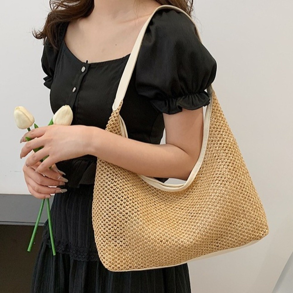 Tote Bag Beach - กระเป๋าสานสีพื้นน่ารัก สไตล์โบฮีเมียน ทำด้วยมือ กระเป๋าถือชายหาด กระเป๋าโท้ท กระเป๋าทรงถัง