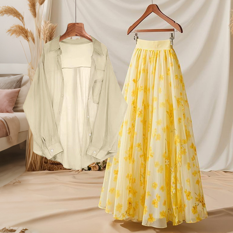 Midi Skirt Floral - ชุดฤดูร้อน เสื้อแขนยาวทรงหลวมบาง กระโปรงทรงเอ กระโปรงยาวครึ่งตัวลายดอกไม้ ชุดกระโปรงแฟชั่นสำหรับผู้หญิง