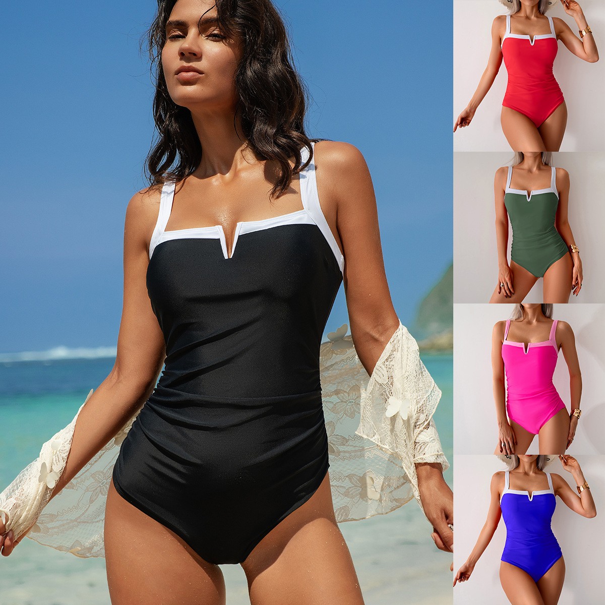 Swimsuit Bikini Ruched - ชุดว่ายน้ำสีดำ คอวี บิกินี่สีแดง เอวจับจีบ มอนอกินีสีเขียว ขาเว้าสูง