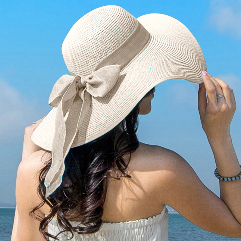Hat Floppy Wide - หมวกสานปีกกว้างประดับโบว์สำหรับผู้หญิง ใส่ได้ทั้งฤดูร้อนและกลางแจ้ง พับเก็บได้ เหมาะสำหรับไปเที่ยวทะเลหรือกันแดด