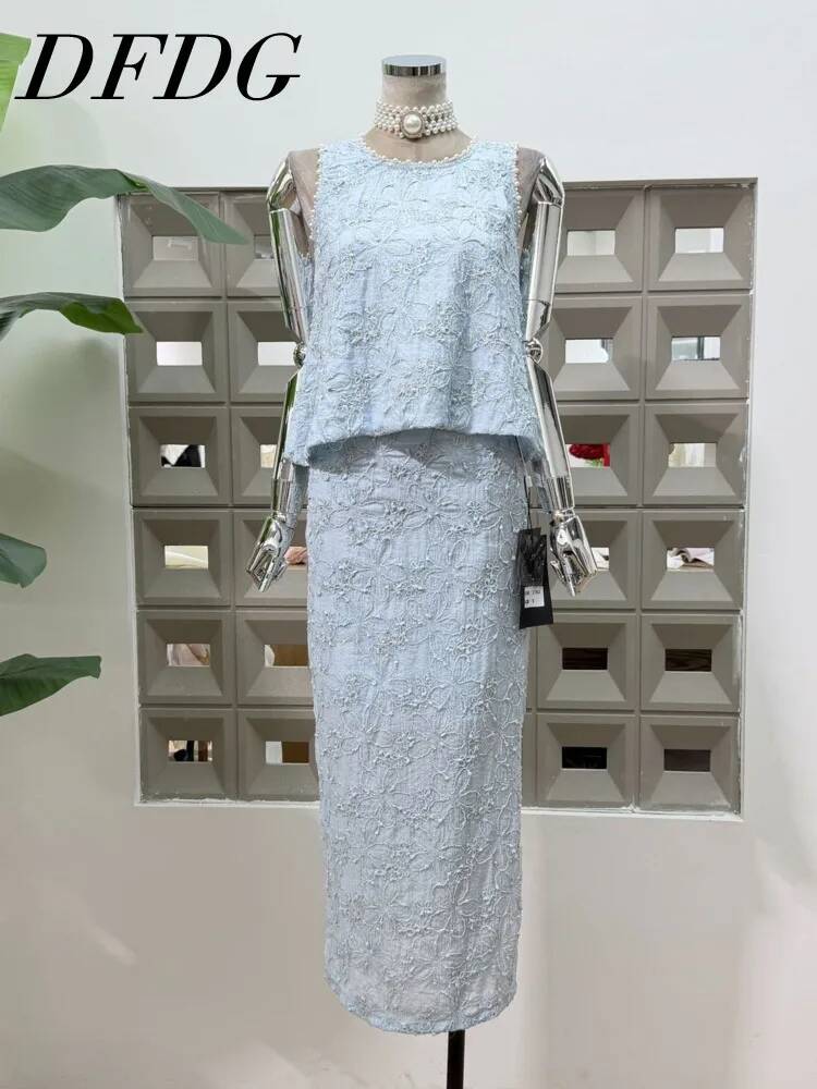 Midi Skirt Floral - ชุดเซ็ตสองชิ้นลูกไม้สำหรับผู้หญิง DFDG คอลเลคชั่นฤดูใบไม้ผลิ/ฤดูร้อน ปี 2026 เสื้อแขนกุดประดับลูกปัด