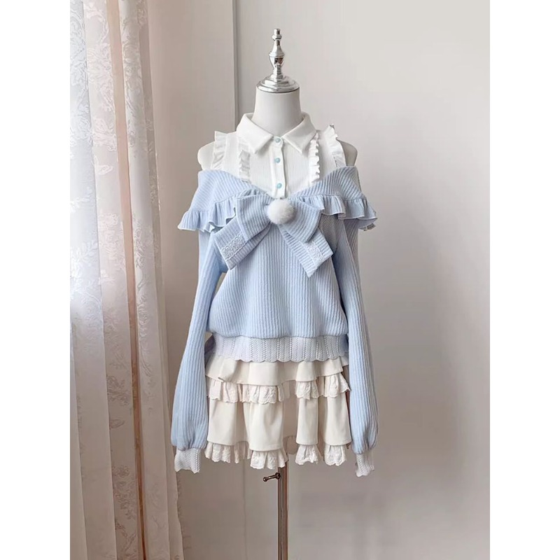 Blouse Off Shoulder - ชุดเซ็ต 2 ชิ้นสไตล์สาวหวานน่ารักแบบโลลิต้า สำหรับผู้หญิง ฤดูใบไม้ร่วง เสื้อเปิดไหล่ผูกโบว์
