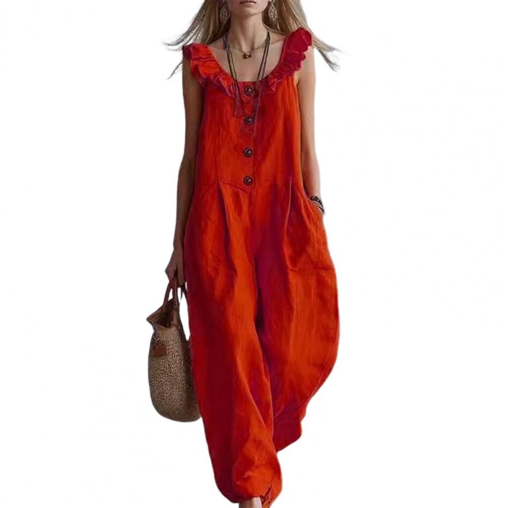 Jumpsuit Linen Relaxed - ชุดรอมเปอร์ทรงหลวมสำหรับผู้หญิง จั๊มสูทคอกลมแต่งระบายพร้อมกระเป๋า ชุดรอมเปอร์ขากว้างสำหรับฤดูร้อน เหมาะสำหรับการเดินทางและวันหยุดสำหรับผู้หญิง