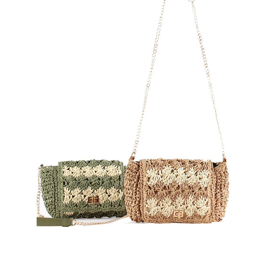 Crochet Bag Raffia - กระเป๋าสะพายข้างสานสำหรับผู้หญิง กระเป๋าถือแบบสะพายไหล่ลายปะติดปะต่อสำหรับฤดูร้อน กระเป๋าถือแบบถักโครเชต์สำหรับไปทะเล