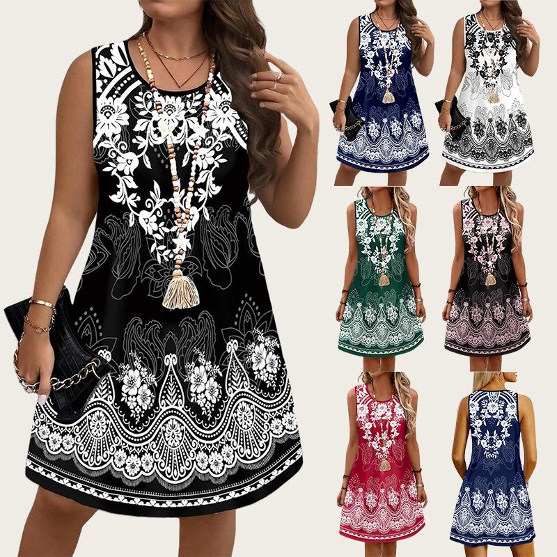 Romper Floral Print - ชุดเดรสสไตล์วินเทจลายชนเผ่า ประจำฤดูร้อน 2026 ชุดเดรสผู้หญิงไซส์ใหญ่ ชุดเดรสลำลอง ชุดเดรสชายหาดลายดอกไม้