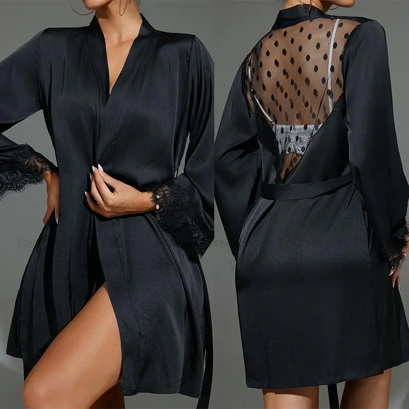 Kimono Sheer Floral - สั้นKimonoสีดําSheerตาข่ายRobeแขนยาวIntimateชุดชั้นในสตรีซาตินNightgownลูกไม้ดอกไม้ชุดนอนElegant Nightdress