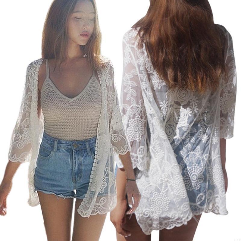 Kimono Sheer Floral - ผู้หญิงลูกไม้เปิดด้านหน้าชุดกิโมโนคาร์ดิแกนโครเชต์ฟลอรัลเชียร์ชายหาดปกคลุมหาดปกคลุม