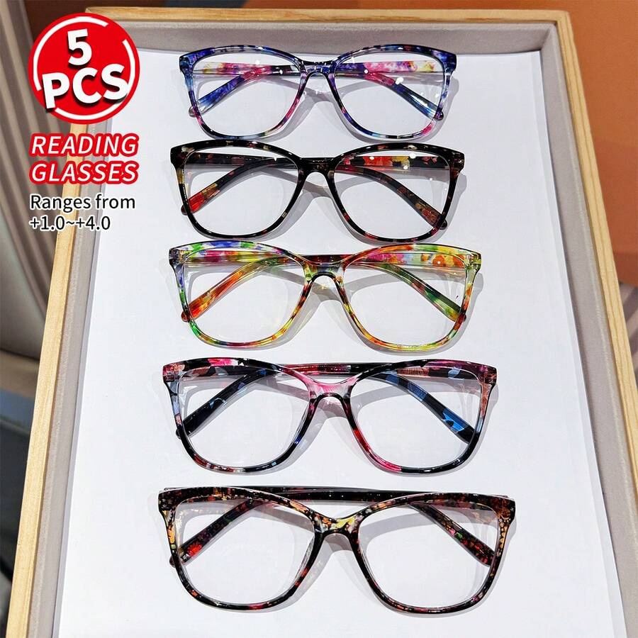 Sunglasses Cat Eye - 5 คู่แว่นตาอ่านหนังสือแฟชั่นสำหรับผู้หญิงหลากสีแคทอาย+1.0 ถึง+4.0 สายตายาวตามอายุ