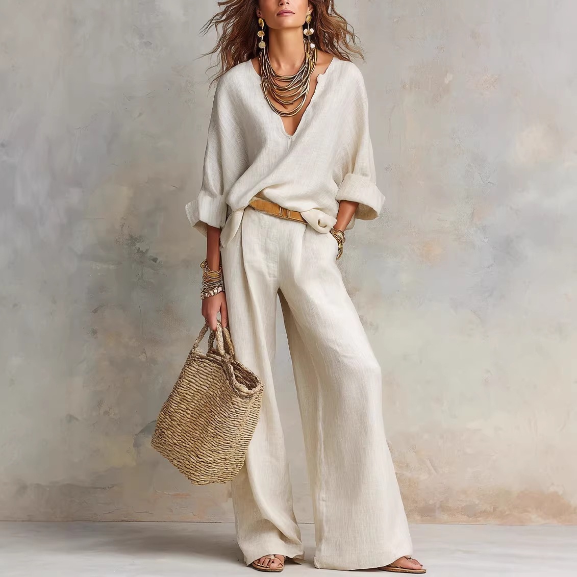 Linen Pant Wide - ชุดลำลองสไตล์วินเทจสำหรับผู้หญิง ผ้าฝ้ายลินินแท้ คอวี แขนทรงปีกค้างคาว กางเกงขายาวทรงหลวม เหมาะสำหรับวันหยุดฤดูร้อน