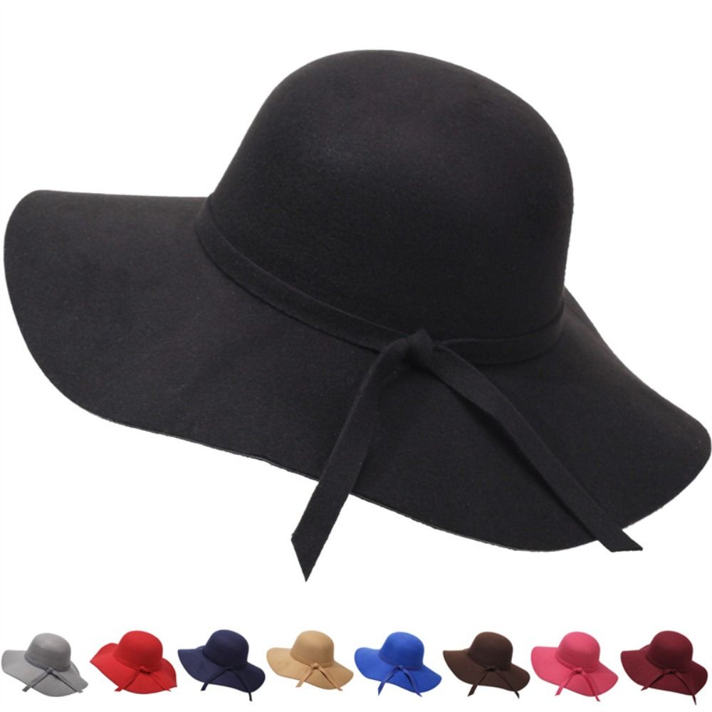 Hat Floppy Wide - หมวกทรงบักเก็ตสไตล์วินเทจ ดีไซน์พับได้ ทำจากวัสดุผ้าสักหลาด หมวกปีกกว้าง ดีไซน์ย้อนยุค หมวกเฟโดราทรงฟลอปปี้