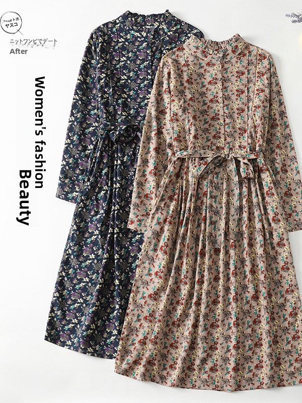 Midi Skirt Floral - เดรสทรงเอพิมพ์ลายดอกไม้สุดหรูสำหรับผู้หญิง กระโปรงยาวปานกลางรัดเอวพร้อมเข็มขัด แขนยาว คอตั้ง แบรนด์จีน สำหรับฤดูใบไม้ผลิ