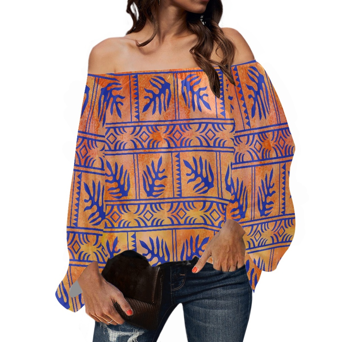 Blouse Off Shoulder - เสื้อผ้าชนเผ่าโพลินีเซียน ลายพิมพ์แบบซามัว ทาปา ตองกา แขนยาวพองทรงหลวม เสื้อชีฟองเปิดไหล่สำหรับผู้หญิง