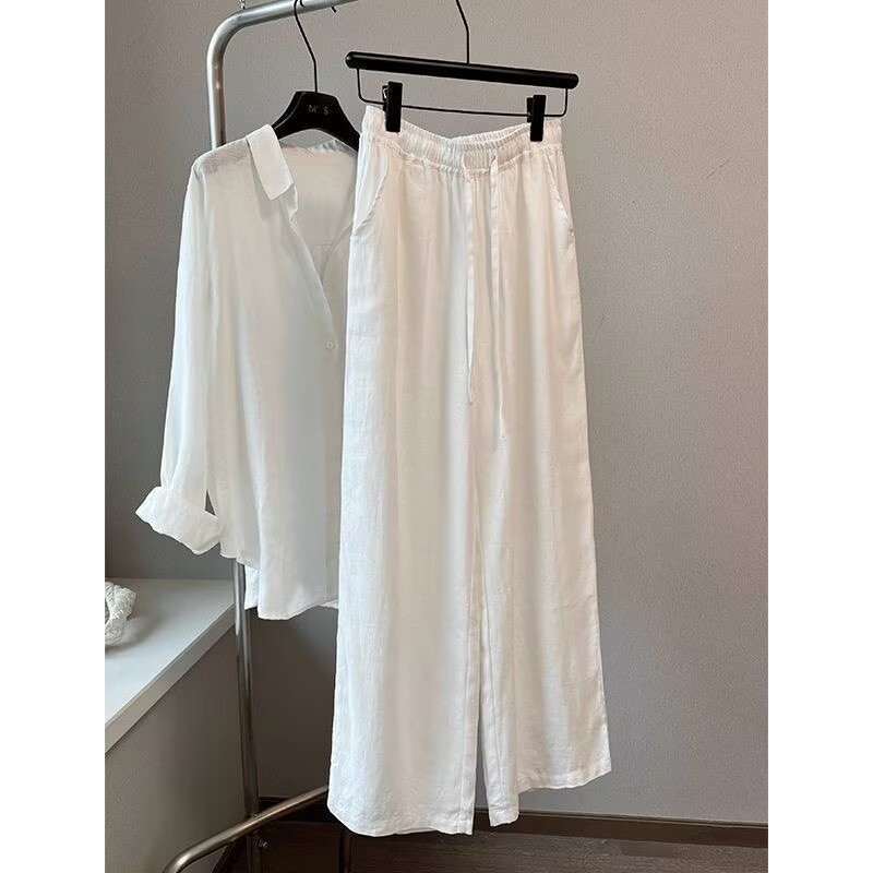 Linen Pant Wide - ชุดเสื้อกางเกงขายาวผ้าฝ้ายลินินสีขาวสไตล์เกาหลีสำหรับผู้หญิง แฟชั่นหลวมๆ เอวยางยืด กางเกงลำลอง เสื้อแขนยาว ผู้หญิง