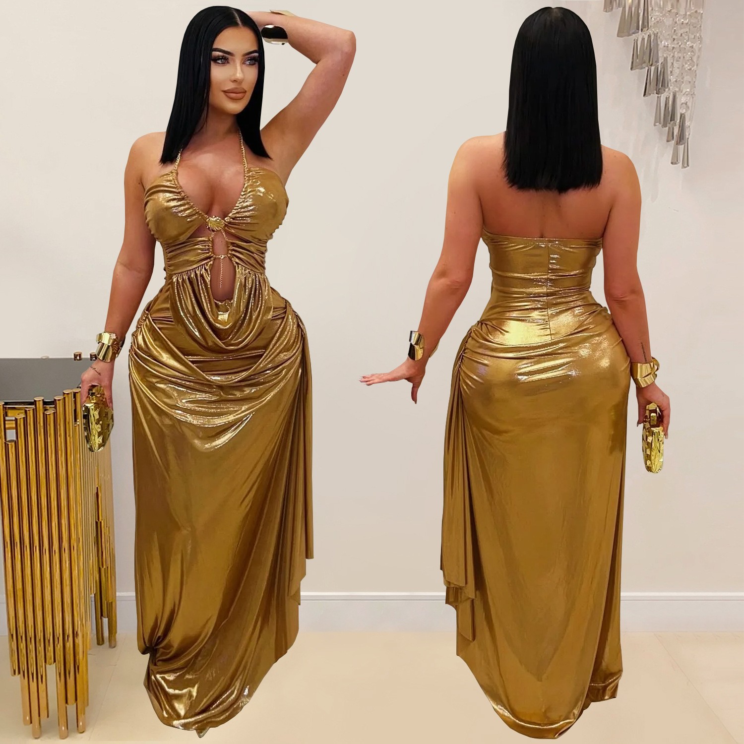 Maxi Dress Halter - ชุดเดรสสำหรับแขกงานแต่งงาน ชุดราตรีคอ halter แขนกุด สีทองเมทัลลิก ชุดเดรสยาวรัดเอว