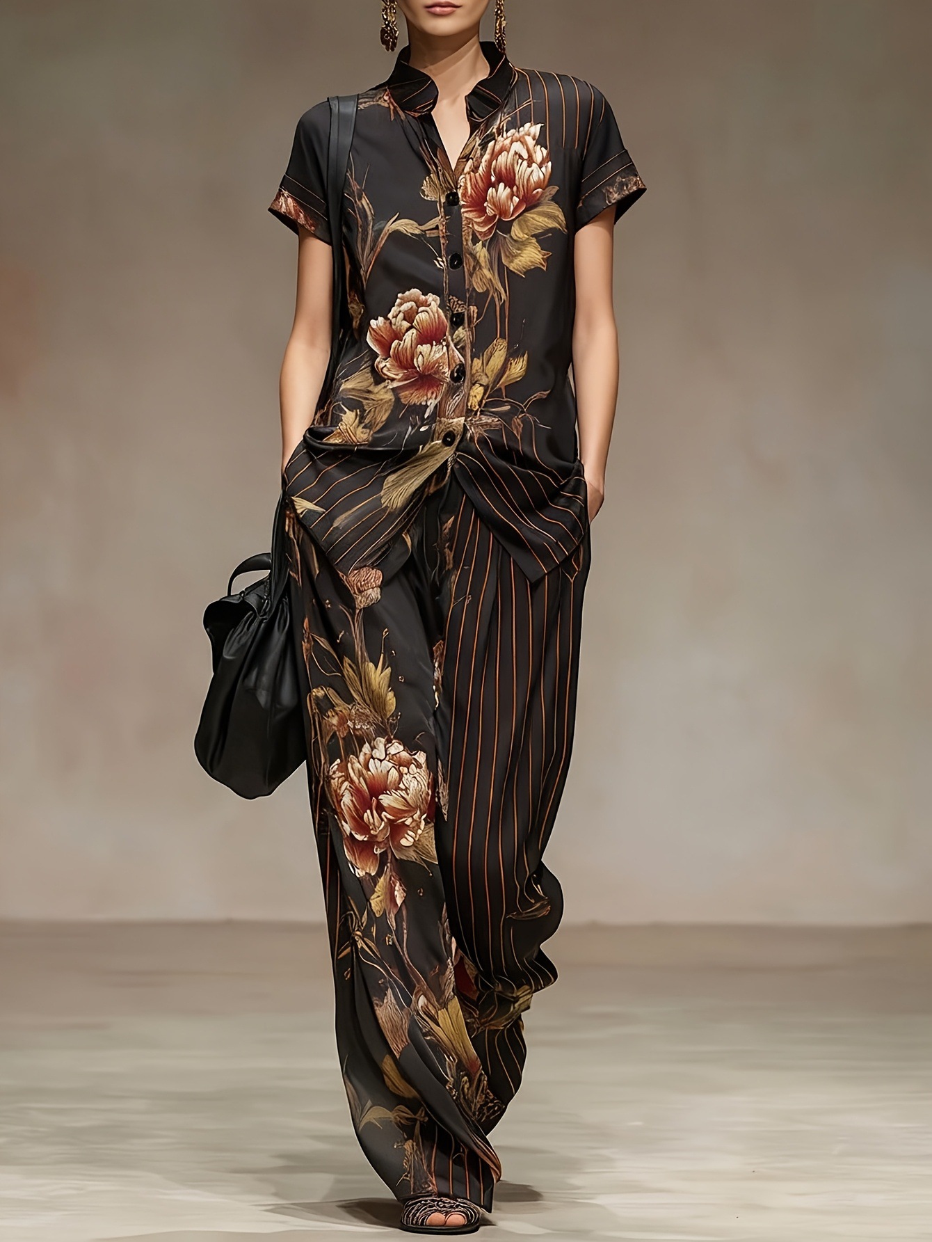 Romper Floral Print - ชุดเซ็ตผ้าชีฟองสำหรับผู้หญิง 2 ชิ้น เสื้อยืดคอกลมสีขาวและกางเกงขายาวลายเสือดาว มีกระเป๋า ชุดลำลองสไตล์สตรีทแวร์