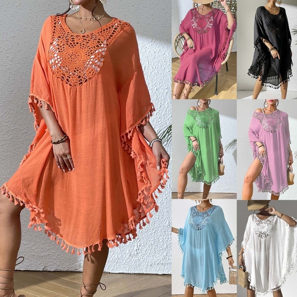 Cover Up Kaftan - ชุดคลุมอาบน้ำแบบสี่เหลี่ยมคอเว้า ผ้าโปร่งบาง ใส่สบาย ป้องกันแสงแดด เหมาะสำหรับใส่คลุมชุดว่ายน้ำ ชุดบิกินี่