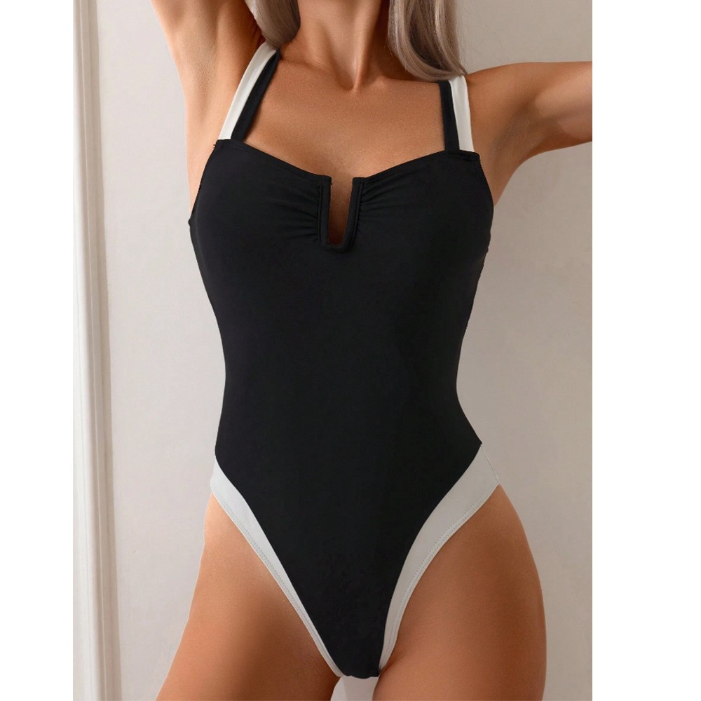 Swimsuit Bikini Ruched - ชุดว่ายน้ำบิกินี่ผู้หญิงปี 2026 แบบแทงกินี่ คอลึก ทรงวี สีดำและสีขาว