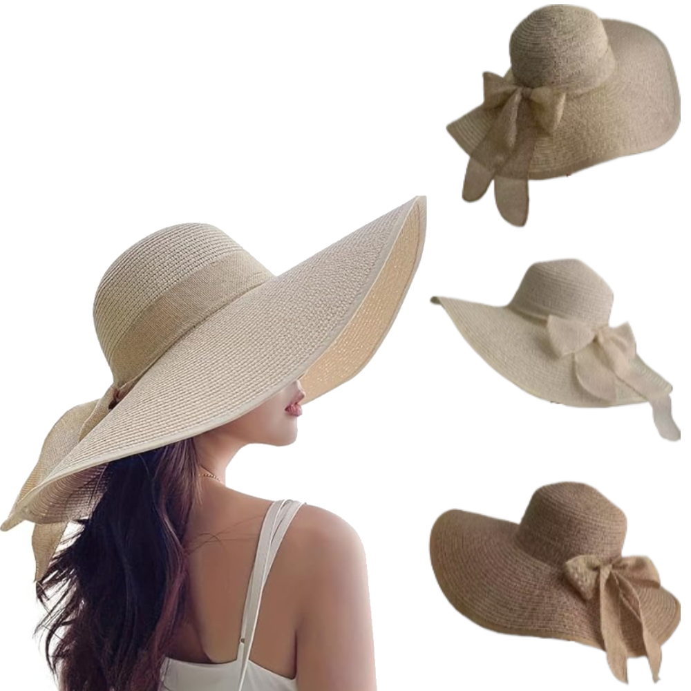 Hat Floppy Wide - หมวกสานปีกกว้างสำหรับผู้หญิง หมวกชายหาดแบบพับได้ ป้องกันแสงแดด เหมาะสำหรับการเดินทาง ท่องเที่ยว และพักผ่อนริมชายหาด