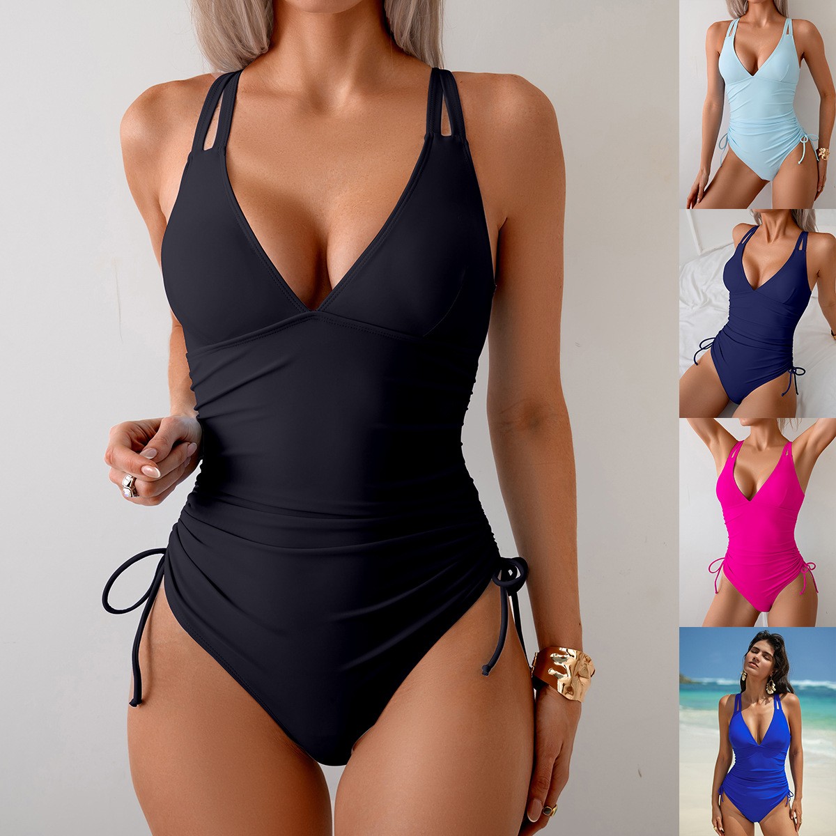 Swimsuit Bikini Ruched - ชุดว่ายน้ำสีดำล้วน คอวี รัดเอว ชุดว่ายน้ำวันพีซ สายคล้องคอ ขาเว้าสูง