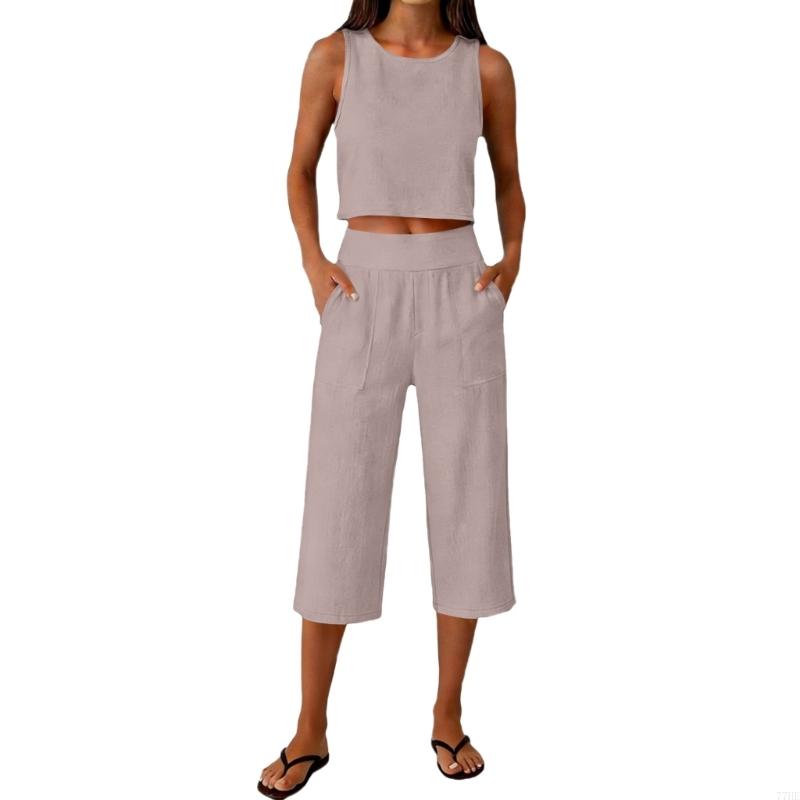Linen Pant Wide - 77HE ผู้หญิง 2 ชิ้นชุด Crop Top