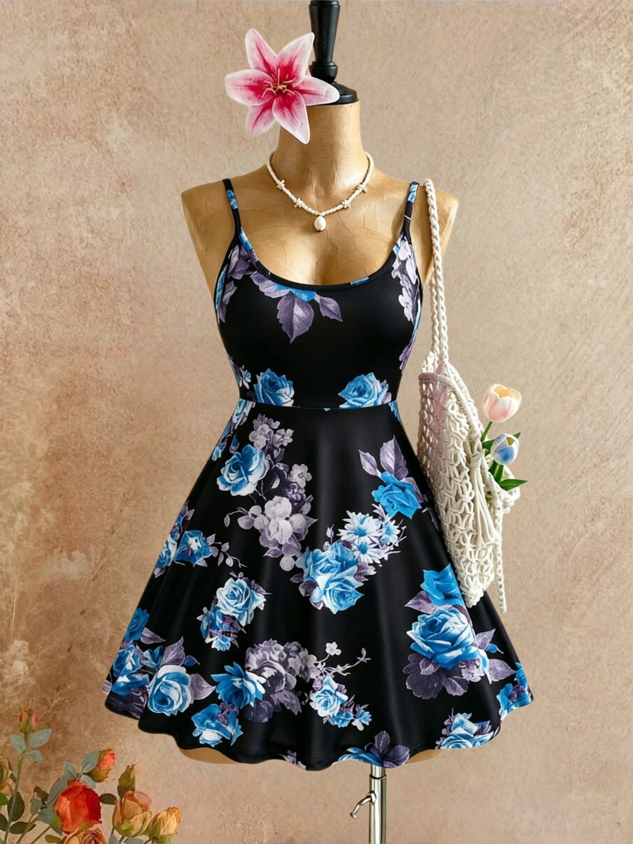 Romper Floral Print - เดรสสั้นทรงสวิงพิมพ์ลายดอกไม้สีฟ้า คอวี สายเดี่ยว ไซส์พลัส สำหรับผู้หญิง ปี