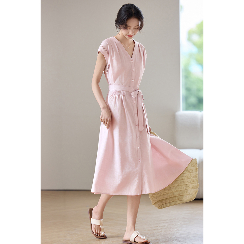 Linen Dress Wrap - SENTUBILA ชุดเดรสสีชมพูผู้หญิงผ้าฝ้ายคอวีแขนสั้นกระดุมแถวเดียว 2026 ฤดูร้อนชุดเดรสหรูหรา 152L59039