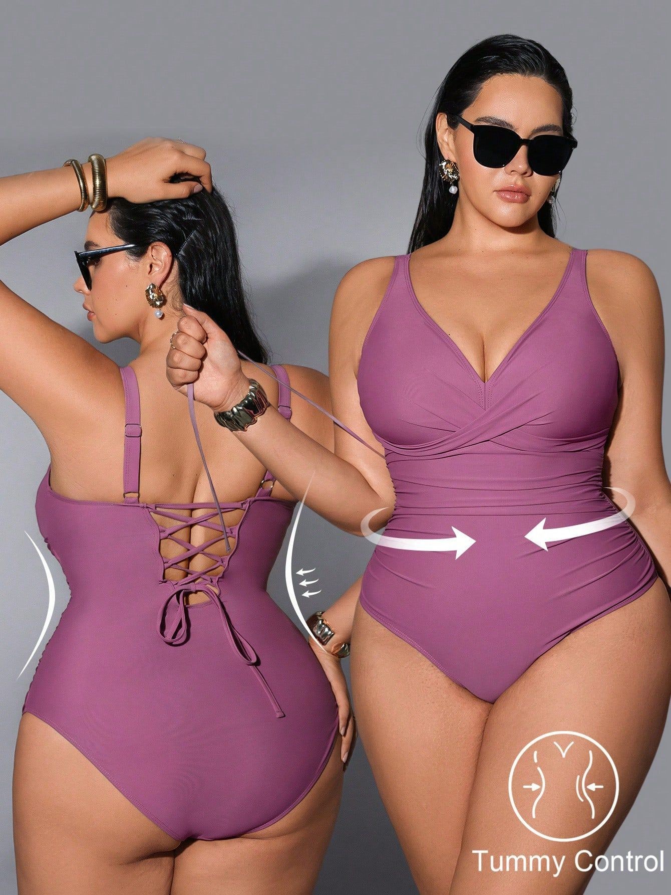 Swimsuit Bikini Ruched - ชุดว่ายน้ำผู้หญิงไซส์ใหญ่ คอวี รัดเอว สีม่วงอมม่วง ขาสูง ไร้แขน