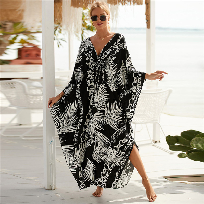 Cover Up Kaftan - ผู้หญิงขนาดบวกสัตว์พิมพ์คอวี Batwing Kaftan ชุดชายหาดชุดว่ายน้ํา COVER-Up Loungewear