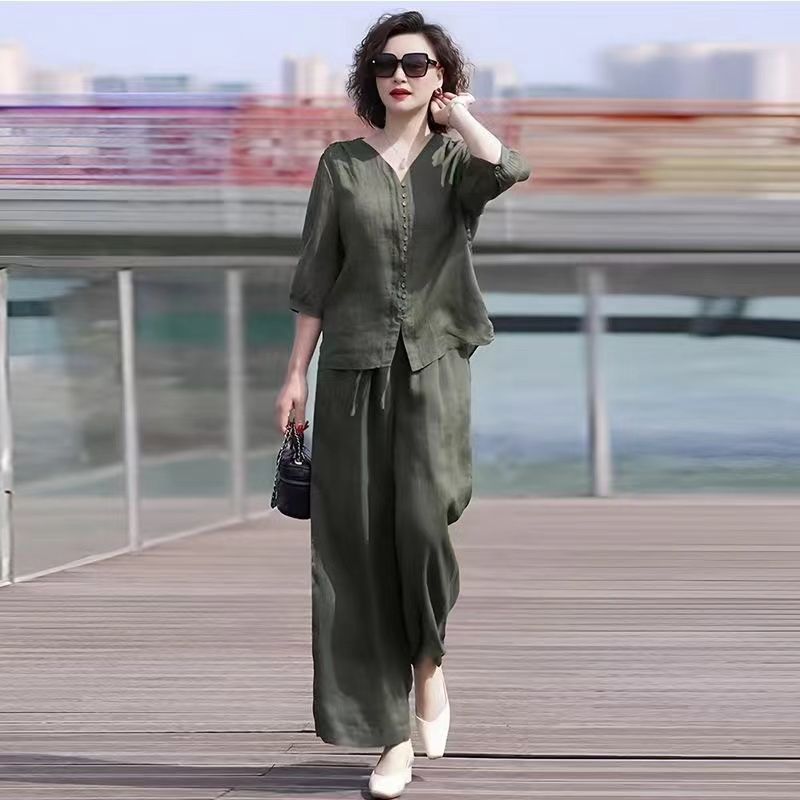 Linen Pant Wide - เซ็ต2ชิ้นคอตตอนและผ้าลินินของผู้หญิง2024ชิ้น, ชุดลำลองแฟชั่นสวมใส่สบายทรงหลวมกางเกงขาม้า