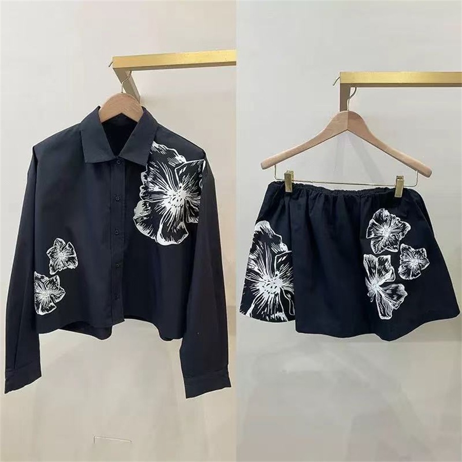 Romper Floral Print - เสื้อเชิ้ตพิมพ์ลายดอกไม้สีขาวแสนโรแมนติกและชุดกระโปรงสั้นฤดูใบไม้ผลิฤดูร้อนผ้าฝ้ายแขนยาวคอปกสไตล์เกาหลีลำลอง F