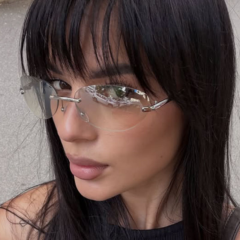 Sunglasses Cat Eye - แว่นกันแดดทรงวงรีไร้กรอบสำหรับผู้ชายผู้หญิงแฟชั่น UV400 แว่นตาขับรถ Y2K ไร้กรอบไล่เฉดสีแว่นตาอินเทรนด์แว่นกันแดดทรงแคทอาย