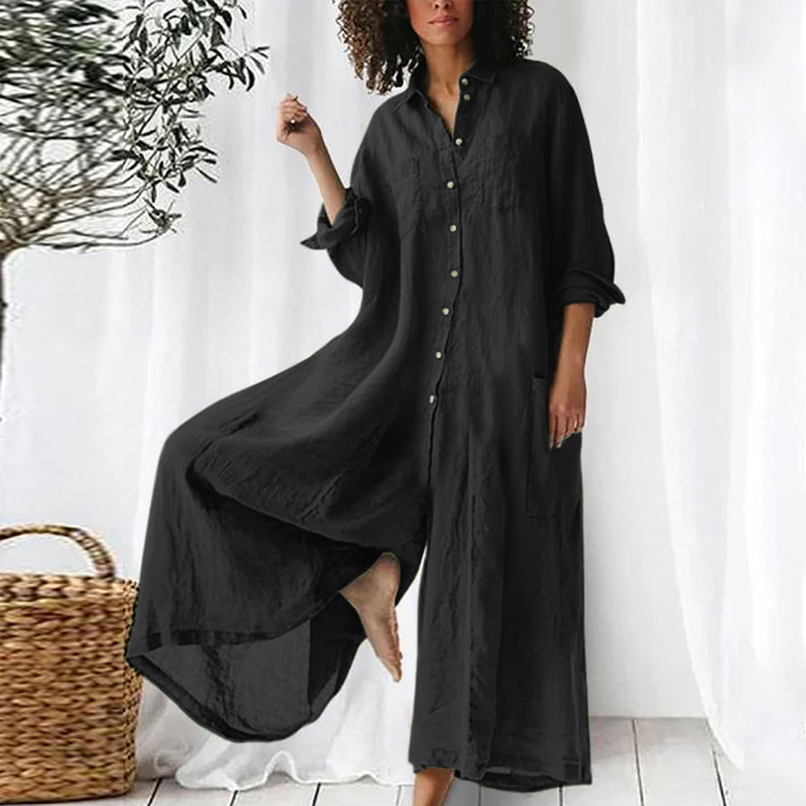 Jumpsuit Linen Relaxed - จั๊มสูทผู้หญิง จั๊มสูทแขนยาวสำหรับใส่ทุกวัน จั๊มสูทผ้าลินินผสมระบายอากาศได้ดี จั๊มสูทแบบสวมใส่สบาย ติดกระดุมด้านหน้า