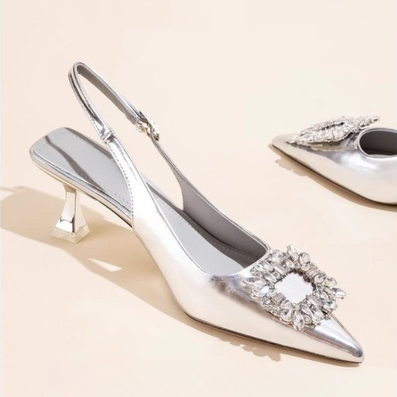 Sandal Strappy Heeled - ฤดูร้อนผู้หญิงรองเท้าแตะรองเท้าผู้หญิงใหม่ Pointed Toe Shallow Nude สีชมพูเพชรรองเท้าส้นกลับ