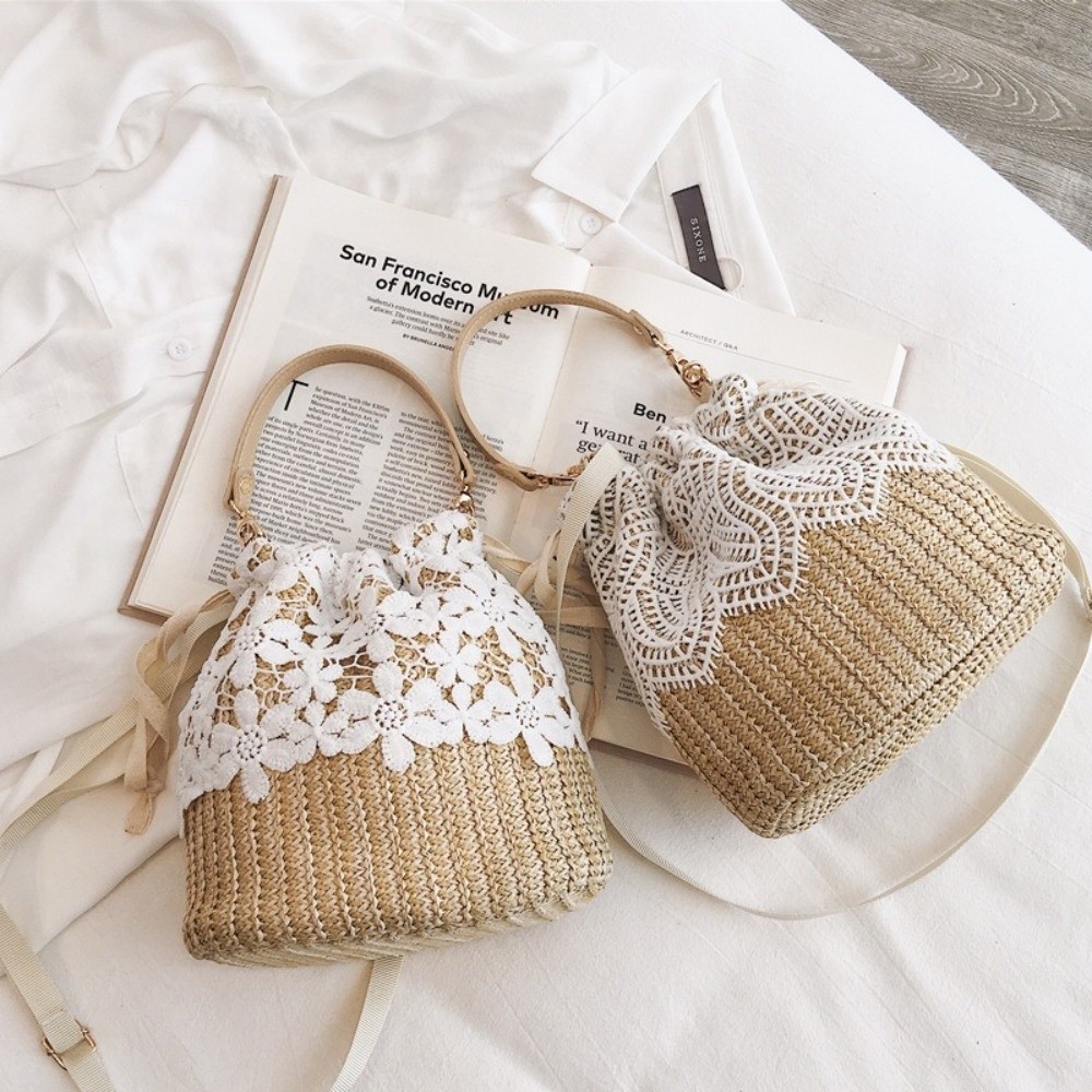 Tote Bag Beach - กระเป๋าสะพายไหล่ลายลูกไม้วินเทจ กระเป๋าโท้ทลายดอกไม้สไตล์โบฮีเมียน กระเป๋าทรงถัง ความจุขนาดใหญ่ กระเป๋าถือชายหาดสำหรับฤดูร้อน
