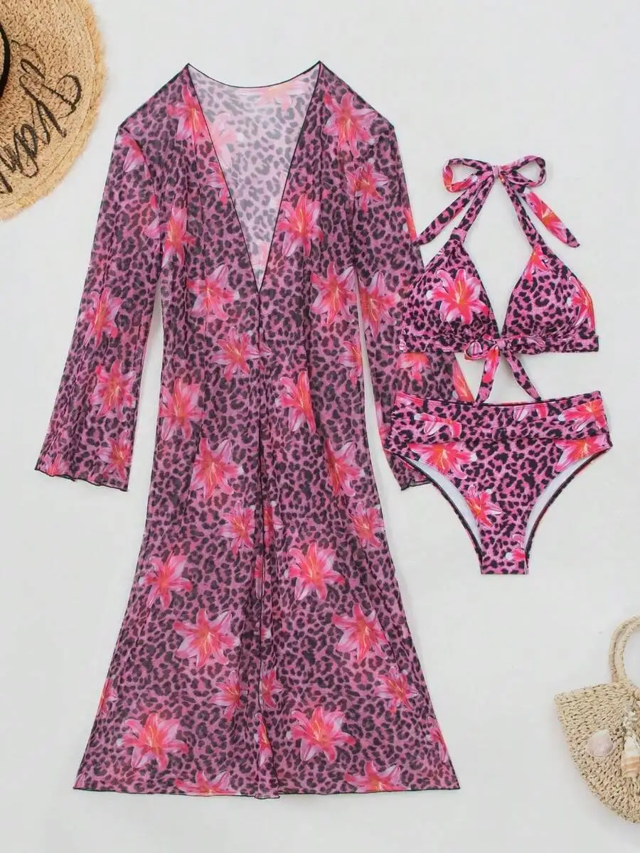 Kimono Sheer Floral - ชุดบิกินี่ลายดอกไม้เสือดาว 3 ชิ้นสำหรับผู้หญิง พร้อมเสื้อคลุมกิโมโนแขนยาวผ้าบาง